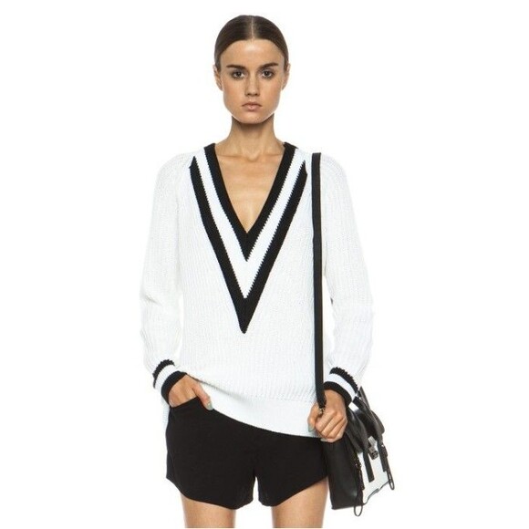 rag & bone Sweaters - Rag & Bone Talia V-Neck Sweater White Black Trim Cotton Size Small Runway Style